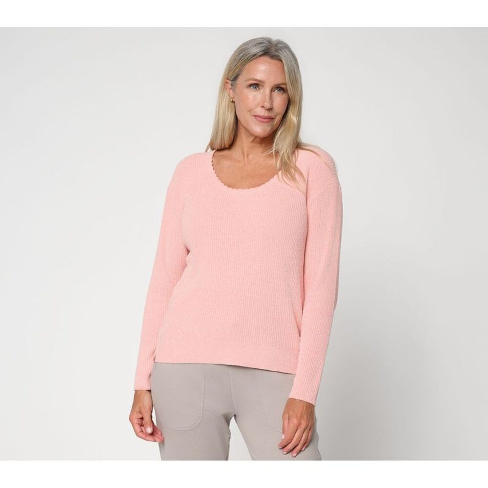 Barefoot Dreams Women's Top Sz L CozyChic Ultra Lite Scallop Neck Pink